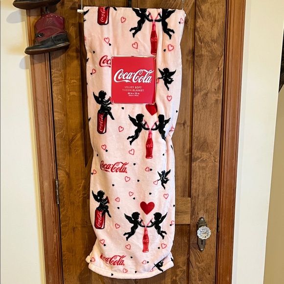 Coca Cola Other - Coca-Cola Pink Velvet Blanket with Cherub and Bottle Design
